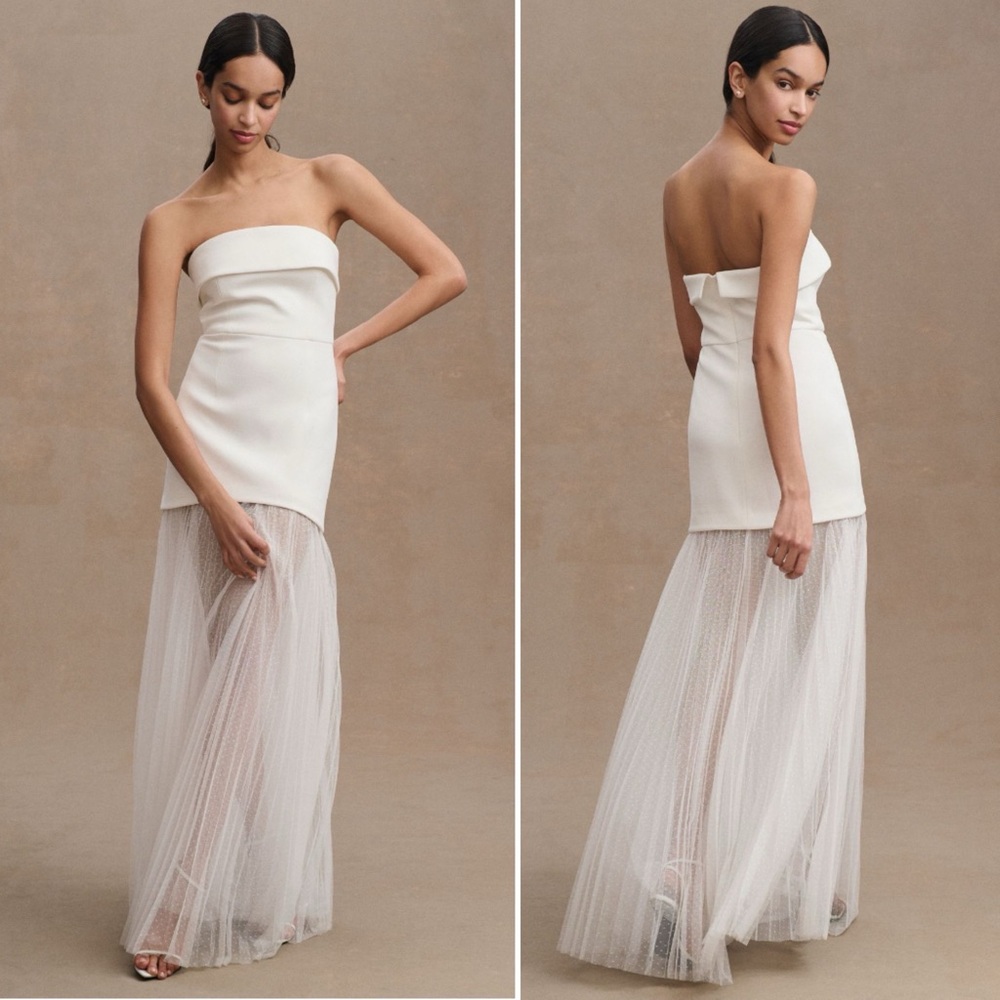 Rebecca Vallance Cyndi Strapless Chiffon Hem BHLDN White Dress Anthropolgie Gown